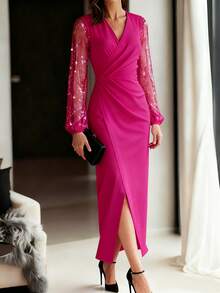 EMERY ROSE Vestido corto de mujer con cintura ajustada, empalmado con malla y lámina - Rosa Fucsia - Ver 4