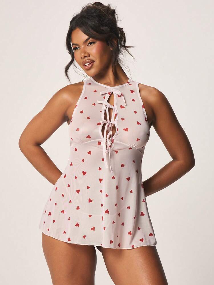 MISSGUIDED Heart Print Halter Neck Lace Up Front Sleeveless Baby Doll Lounge Dress With Open Back Cut Out Detail For Valentine's Day