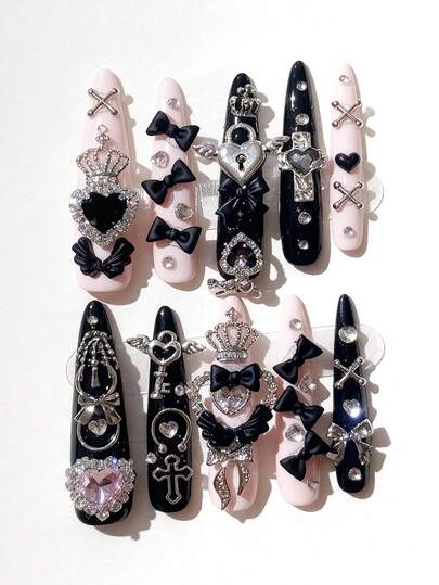 ROMWE Anime 10 piezas de pegatinas de arte de uñas con corazones, estrellas, lazos y alas estilo Y2K con cinta