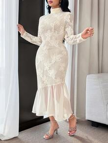 Feyla 优雅通勤3D花卉蕾丝荷叶边下摆女式连衣裙 - 米色 - 查看 5