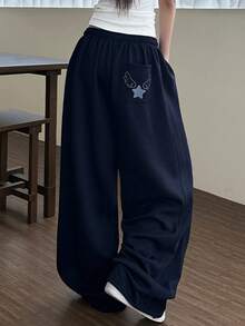 DAZY 女士弹力腰带口袋翼形刺绣图案休闲百搭日常运动裤，秋冬款