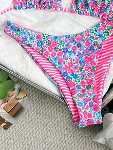 Swim Mod 2件套女士可爱时尚度假沙滩随机印花双面露背吊带比基尼上衣和可爱泳裤套装 - 彩色 - 查看 6