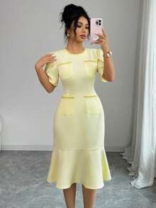Elenzga Đầm midi nữ thanh lịch với tay áo cánh hoa, kiểu dáng lãng mạn cao cấp thích hợp cho tiệc trà chiều, điểm nhấn là dây xích trang trí, thiết kế thắt eo và đuôi cá, phù hợp cho công sở và du lịch, mùa xuân/hè. - Màu vàng ngỗng - Xem 6