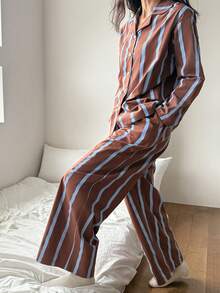 DAZY 2pcs Women Loose Fit Cat Striped Pattern Long Sleeve Cardigan And Pants Pajama Set - Brown - View 2