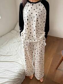 DAZY Cartoon Polka Dot Patchwork Contrast Color Raglan Sleeve Women Pajama Set - White - View 3
