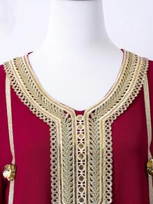 SHEIN 优雅端庄的绿色长袍，修身休闲阿巴雅式连衣裙，适合青少年女孩，民族风中东设计 - 酒紅色 - 查看 3