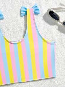 SHEIN 2pcs/Set Young Girls' Bikini Sets, Blue Striped Unicorn Print Bow Decor, Sports, Lively, Cute, Active, Suitable For Swimming, Beach, Pool, Photo Shooting, Gift, Water Park, Spa, Summer Kids Bathing Suits 2 Pieces Kids Swimwears Girls 2 Pieces Toddler Bathing Suit Young Girls Bikini Sets Young Girl 2 Pieces Ruffled Swimwear Set Swimwears For Girls Two Pieces With Ruffles Girls Bikini Sets With Ruffles Unicorn Swimwear Girls Unicorn Bathing Suit Girls Swim Two Pieces Rainbow Two Pieces Girls Beach Sets Unicorn Swimwears Kids Cute Dinosaur Swimwear For Kids - Multicolor - View 7