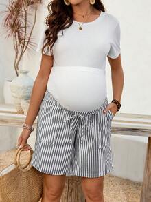 SHEIN 孕妇条纹印花扭结口袋休闲短裤 - 藍白色 - 查看 6