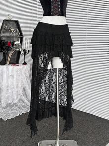 Coolane Women's Spring/Summer Goth Y2K Club Party Concert Rave Festival Western Wear  Boho Contrast Lace Irregular Long Skirt