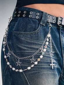 Silver Pearl Diamond Pentagram Cross Trim Double Trouser Chain
