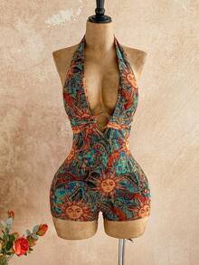 Soleia 女士白色纹理针织露背连体裤，饰有圆形圆环，优雅性感，适合万圣节、圣诞节、度假等场合。 - 棕色 - 查看 7