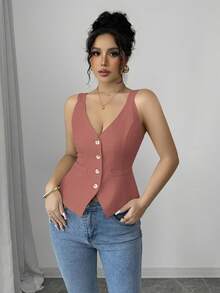 Selianne Women's Solid Color Single-Breasted Casual Versatile Thick Strap Tank Top - Pink - View 5