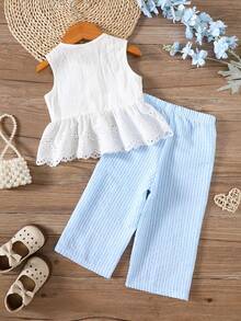 SHEIN Vintaside Kids 2pcs Baby Girl Toddler/Newborn 0-3 Years Old Spring/Summer Casual Sweet Daily Vacation Striped Woven Sleeveless Top And Wide Leg Pants 2-Piece Set Toddler Girl Summer Outfit 2 Piece Linen Sets For Toddler Girl Baby Girl Princess Casual Pant Sets Baby Girl Pants And Top 2pcs Set Toddler Girls Cute Vintage Style Baby Girl Casual Pant Sets Toddler Girl Casual Pant Sets Toddler Girl Outfit Set - White - View 2