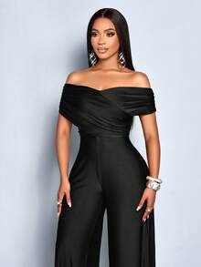 SOLERSUN Women's Elegant Solid Color Criss Cross Ruched Off Shoulder Jumpsuits - Black - View 6