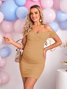 Loomaby Maternity Solid Color Off Shoulder Short Sleeve Ruched Fitted Fashionable Dress - Khaki - View 3