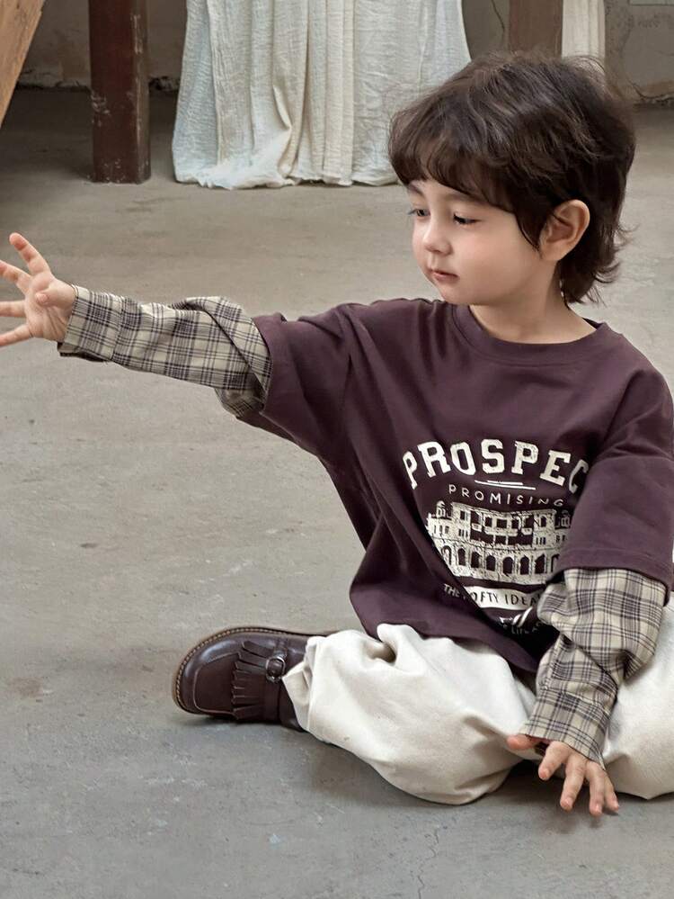 Young Boys Loose Fit Round Neck T-Shirt, Plaid Sleeve & Letter Print, Casual, Autumn Spring Long Sleeve Tops Girl