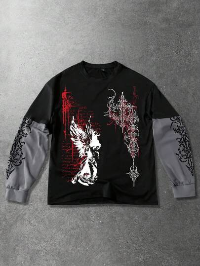 Men's Wing Print Round Neck Casual Long Sleeve T-Shirt