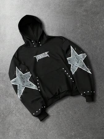 Men's Fashionable Drawstring Hooded Sweatshirt With Five-Pointed Star Pattern, Long Sleeve