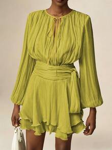 Vesra Apricot Color Tie-Up Long Sleeve Ruffle Hem Design Women's Short Dress - Green - View 3