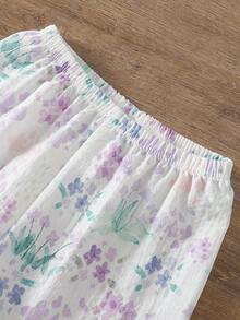 SHEIN 少女睡衣套装 - 两件套碎花粉彩睡衣套装，长袖翻领上衣，荷叶边袖口长裤，松紧腰家居服，适合青少年女孩，大码可爱宽松版型，日常居家度假必备，2026 款，柔软轻盈舒适，魅力十足 - 彩色 - 查看 4
