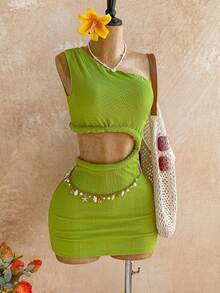 Soleia Lime Green Summer Casual Vacation Holiday Women's Asymmetrical Shoulder Hollow-Out Strap Mini Dress,Boho Party Music Festival Wedding Events - Green - View 4