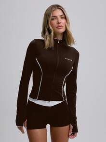 Musera Sport 运动撞色滚边拉链运动外套，适合运动健身、休闲场合穿着。 - 巧克力棕 - 查看 1