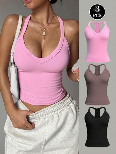 Dewbera 3件套无缝V领吊带背心，黑色/粉色/卡其色，瑜伽/跑步/健身运动背心