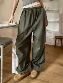 DAZY 弹性腰带休闲阔腿直筒女裤 - 軍綠色 - 查看 3