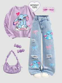 SHEIN Girlism 少女Y2K休闲春夏浅色水洗可爱卡通兔子图案不对称腰阔腿牛仔裤，适合冬季、新年、圣诞节、街头复古风、春假度假穿着，舒适百搭，适合8-12岁女孩，适合上学、居家和旅行，贴袋宽松休闲百搭牛仔裤，感恩节 - 淺色水洗藍 - 查看 1