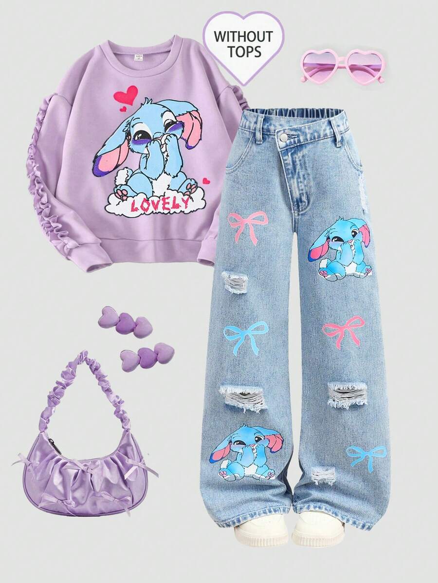 SHEIN Girlism 少女Y2K休闲春夏浅色水洗可爱卡通兔子图案不对称腰阔腿牛仔裤,适合冬季、新年、圣诞节、街头复古风、春假度假穿着,舒适百搭,适合8-12岁女孩,适合上学、居家和旅行,贴袋宽松休闲百搭牛仔裤,感恩节 - 淺色水洗藍 - 查看 1