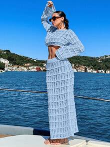 2pcs Crochet Jacquard Hollow Out Loose Fit Cover Up Set - Baby Blue - View 5