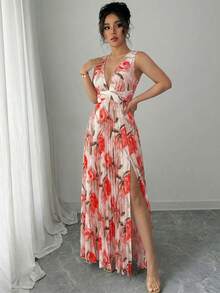 SHEIN Elenzya 无袖系带A字开衩印花优雅浪漫连衣裙，细节精致，适合度假穿着。 - 彩色 - 查看 4