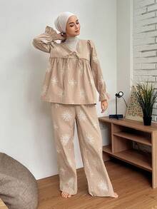 DAZY 印花褶皱泡泡袖女士睡衣套装 - 駝色 - 查看 5