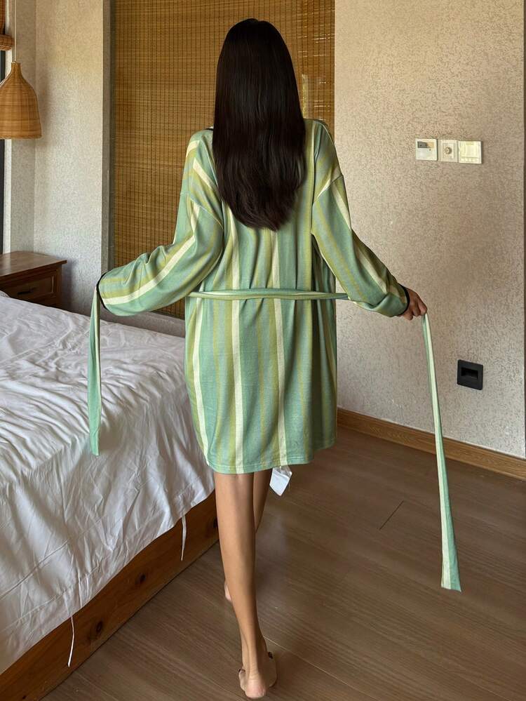 Women's Striped Contrast Trim Shawl Neck Robe