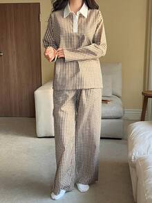 DAZY Plaid Contrast Collar Loose Women's Pajama Set - Pink - View 3