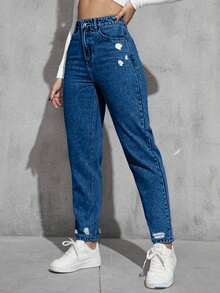 SHEIN Women's Light Wash Distressed Tapered Casual Jeans - Dusty Blue - View 1