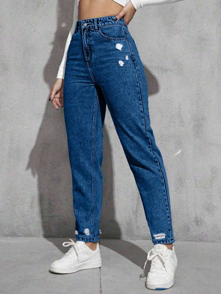 SHEIN Women's Light Wash Distressed Tapered Casual Jeans - Dusty Blue - View 1