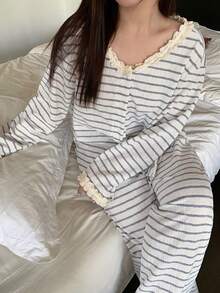 Dazy Plus Fashionable Striped Contrast Lace Loose Casual Pajama Set, Includes Top And Pants, Suitable For Spring And Autumn - Grey - View 1