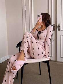Dream Adore Polka Dot Print Long Sleeve & Pants Women Casual Pajama Set Polka Dot Pajama Set Pajama Pink