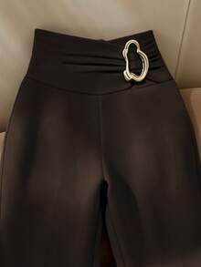 Franclia Quần legging nữ ôm vừa vặn, màu trơn, khóa kim loại trang trí, gợi cảm, thích hợp mặc hàng ngày, thời trang, đi làm, mùa xuân và mùa thu - Cà phê nâu - Xem 3