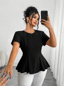 Elenzga Áo kiểu nữ cỡ lớn thanh lịch, thường ngày, tay ngắn, cổ tròn, vạt xòe, đa năng, thích hợp cho mùa xuân/hè. - màu đen - Xem 8