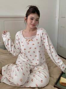 Dazy Plus Fashionable & Cute Cartoon Bear Floral Print Patchwork Collar Fitted Top & Loose Straight Pants Pajama Set, Spring/Autumn - White - View 6