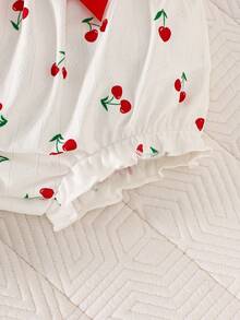 SHEIN 女婴夏季新款樱桃印花背带套装+发带 - 紅白色 - 查看 5