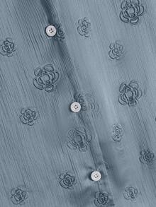 Modelyn Plus Size Solid Color Short Sleeve Embossed Shirt And A-Line Pleated Skirt 2 Pieces Set - Dusty Blue - View 5