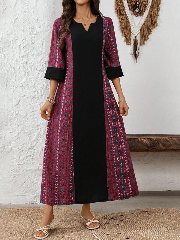 EMERY ROSE Women's Vacation Patchwork Geometric Print V-Neck 3/4 Sleeve Loose Long Dress Spring Outfit Women  Summer Outfits For Women Vacation Dress  Casual Dress For Women Casual Dresses For Women Boho  Vacation Dresses  Vacation Outfits For Women Holiday Outfits  Casual Long Dresses  Floral Dress