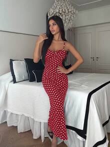 Ronhire 春夏女款黑白圆点性感露背细肩带连衣裙 - 紅色 - 查看 3
