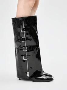 ROMWE Grunge Punk Women's Fashion Commuter Buckle Pointed Toe Knee-High Boots Valentine's Day - Black - View 3