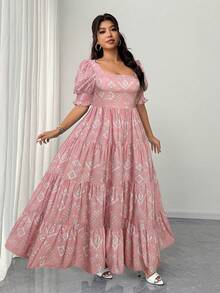 Elenzga Plus Size Square Neck Short Sleeve Elegant Vacation Dress - Pink - View 4