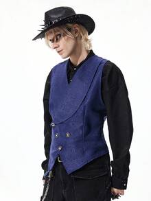 ROMWE MEN Men's Gothic Jacquard Double-Breasted Business Suit Vest - Blue - View 4