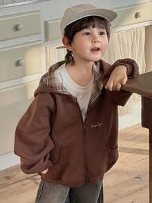 DAZY Kids Boys Plaid Patchwork Hooded Jacket, Casual Loose Fit Letter Print, Autumn - Brown - View 2